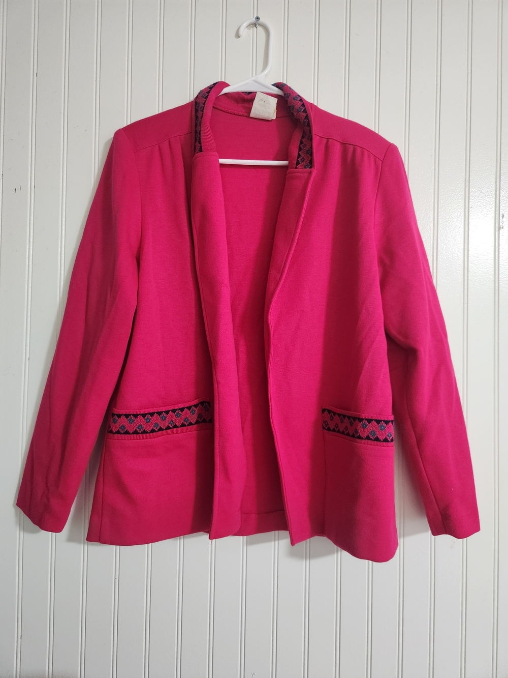 Women’s Bright Pink Open-Front Blazer with Patterned Trim Graff Vintage Sz 8